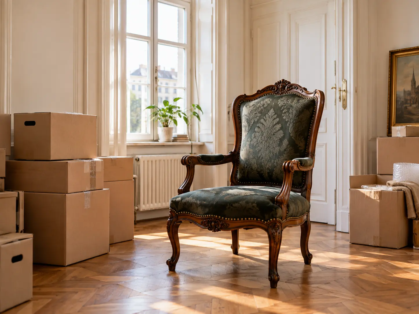 Antiker Sessel und Umzugskartons in einer Altbauwohnung