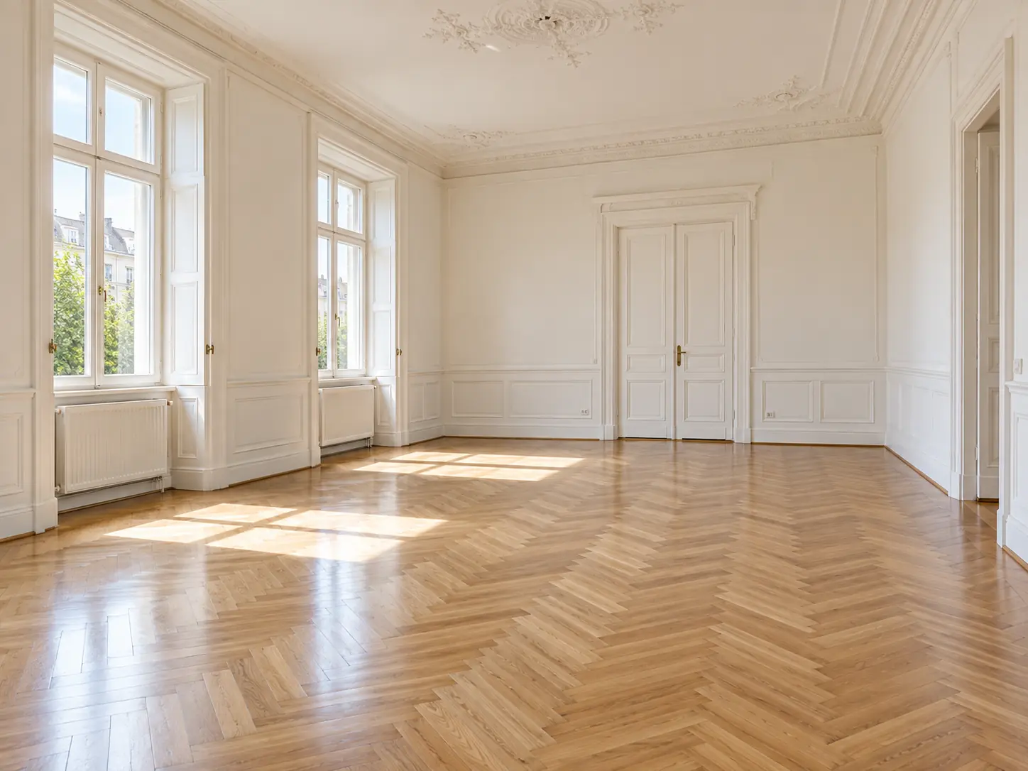 Leere, gereinigte Altbauwohnung mit Parkettboden